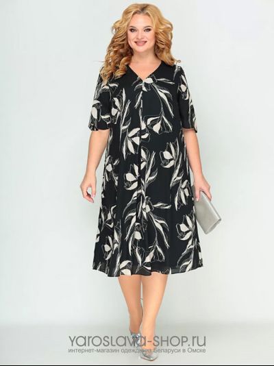 Модель: А-3817. Платье из шифона черного цвета с брошью и лиственным принтом.