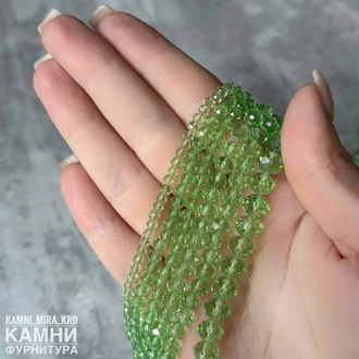 Стеклянные рондели в огранке, цвет салатовый, размер в ассортименте, цена за нить (россыпью)
