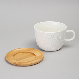 Чайная пара с деревянным блюдцем "Цветочная история" 450 мл