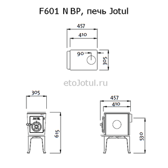 Размеры печи Jotul F601 N BP, высота, ширина, глубина