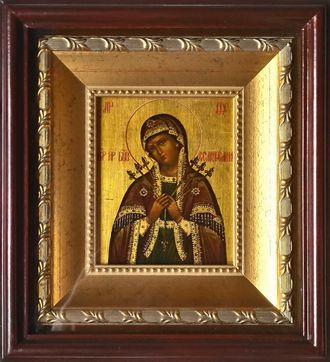 Семистрельная Богородица (образ "Умягчение злых сердец"). Рукописная икона в киоте.