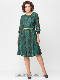 Модель: 2396.Зеленое шифоновое платье с поясом в золотом цвете