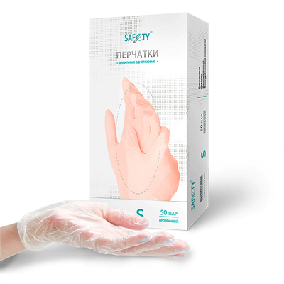 Перчатки виниловые смотровые 50 пар (100 штук), размер M (средний), прозрачные, SAF&TY