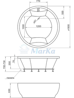 Ванна акриловая 1Марка 1,8*1,8 ОМЕГА круглая 600л (каркас+панель)