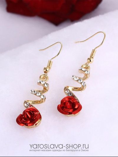Серьги длинные со стразами,красная роза.