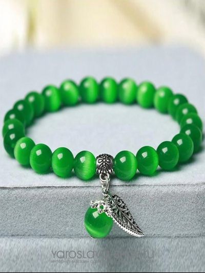 АЛ-128. Браслет  из камня кошачий глаз зеленого цвета.