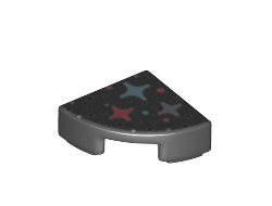 Tile, Round 1 x 1 Quarter with Silver, Metallic Light Blue, and Coral Stars and Dots Pattern, Black (25269pb009 / 6254613)