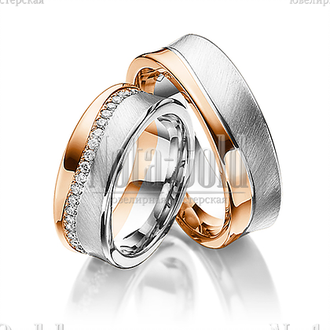 Обручальные кольца из белого и красного золота с волнистой дорожкой бриллиантов в женском кольце