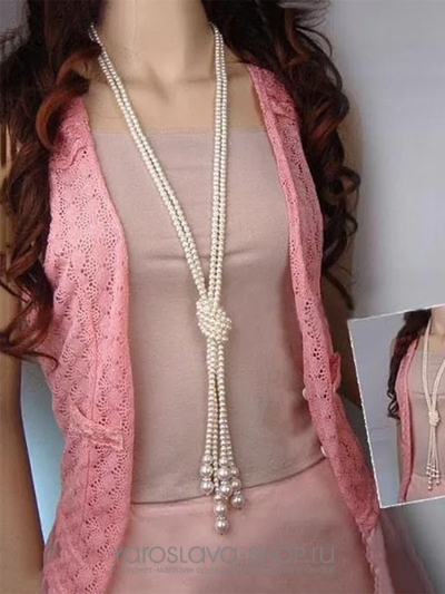 Белое длинное ожерелье с узелком из бисера