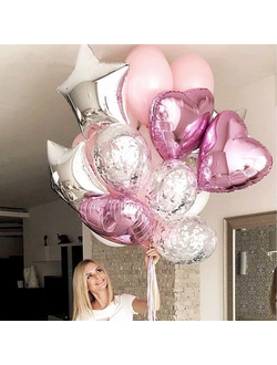 Композиция " Розовые сердца , звезды серебро"