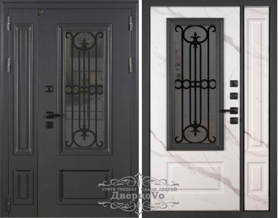 1200*2050. ВИЛЛАДЖ  115 мм. СТАЛЬ 1,5 мм. ГРАФИТ БУКЛЕ/ МРАМОР НАТУРАЛЬНЫЙ/ КОВКА ВНУТРИ СТЕКЛОПАКЕТА