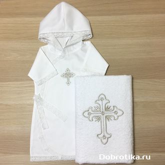 Крестильный набор для мальчика "Светлое таинство", материал сатин: рубашка с капюшоном + махровое полотенце 70х140 см, цвет крестика на выбор, можно вышить имя