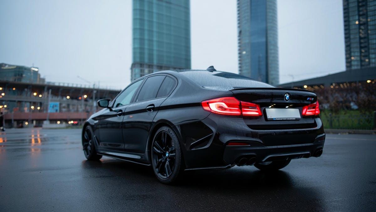 Аренда черной BMW 5 G30 в обвесе M5 F90 на фоне небоскребов Екатеринбург-Сити.