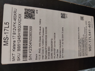 MSI Katana 17 B12VFK-463XRU ( 17.3 FHD IPS 144Hz I5-12450H RTX4060 (8Gb) 16Gb 512+512 Gb SSD )