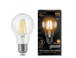 Gauss Filament ЛОН A60 E27 6W(600lm) 2700K 2K 105x60 филамент (нитевидная), прозр. 102802106