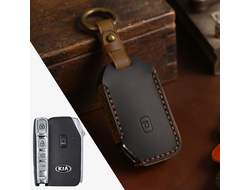 Чёрный чехол для ключа Kia Sportage, Sorento, Carnival, K7, K5 (2020+) из натуральной чёрной кожи