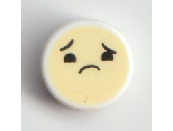 Tile, Round 1 x 1 with Emoji, Bright Light Yellow Face, Worried with Raised Right Eyebrow Pattern, White (98138pb137 / 6299968)
