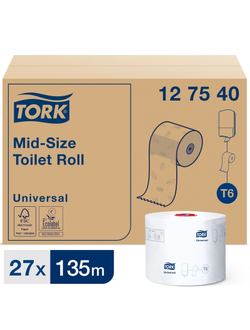 Бумага туалетная для диспенсера Tork Mid-size Т6 Universal 1сл бел135м 27рул 127540
