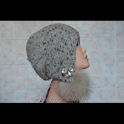 Шапка ушанка с помпонами зима 2018 Vizio Италия 5862 бежевая
