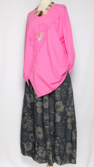 Джемпер Бохо хлопок "Цветок пайетки" фуксия, голубой до р.54