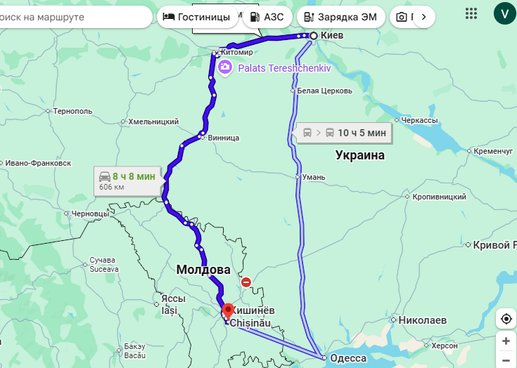 Схема маршрута такси из Кишинева в Киев через КПП Паланка / Могилев-Подольский