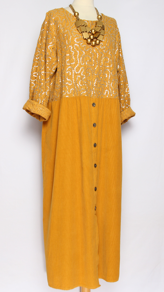 Платье Бохо вельветовое "Кружево пайетки" горчица до р.54