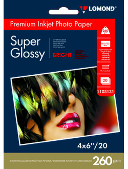 Суперглянцевая ярко-белая (Super Glossy Bright) микропористая фотобумага Lomond для струйной печати, 4" x 6", 260 г/м2, 20 листов.