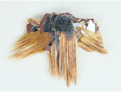 Редкость! Рутил свободного роста, сростки "звезды" золотистых игольчатых кристаллов на кристаллах гематита, Бразилия (31*23*4 мм, 2,8 г) №37921