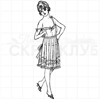 Винтажный штамп девушка модель в кружевной сорочке со спущенной бретелькой