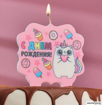 Свеча для торта «С Днём Рождения. Котёнок единорожка» 10 x 10 см