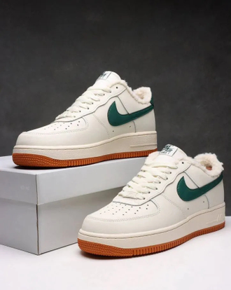 Nike Air Force 1 Low White/Green/Brown с мехом
