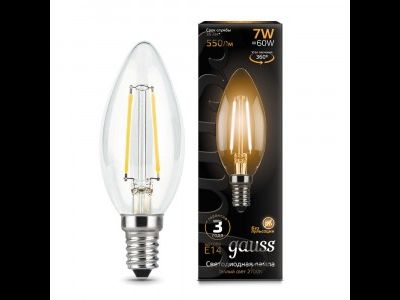 Лампа светодиодная Gauss Filament Свеча E14 7W(550lm) 2700K 2K прозр. 97x35 филамент (нитевидная), 103801107