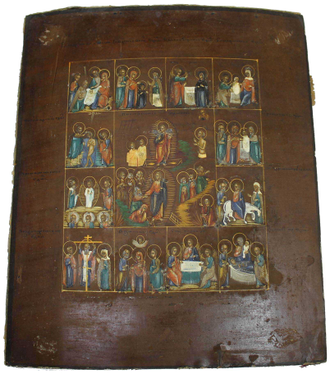 Икона `Воскресение Христово - сошествие в ад` с 12 клеймами двунадесятых праздников. Россия. XIX век.