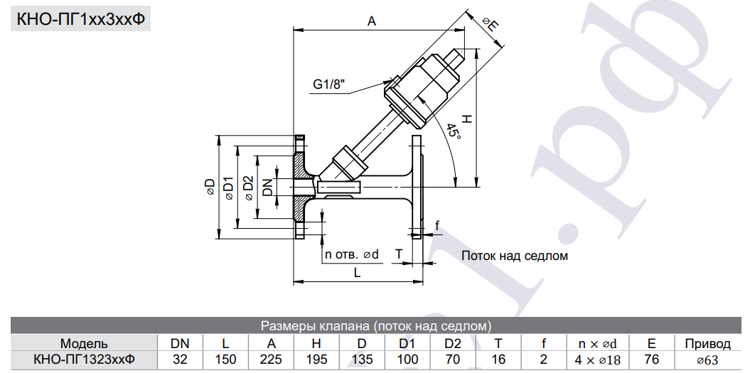 Габаритные и присоединительные размеры клапана отсечного КНОПП-ПГ132316