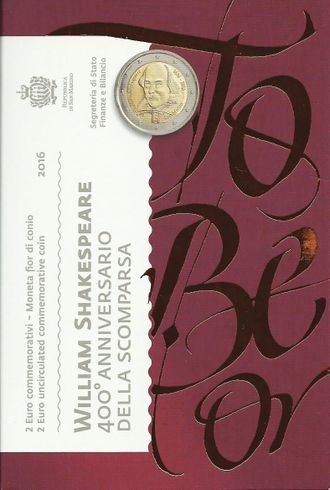 2 евро 400 лет со дня смерти Уильяма Шекспира, в буклете. Сан-Марино, 2016 год