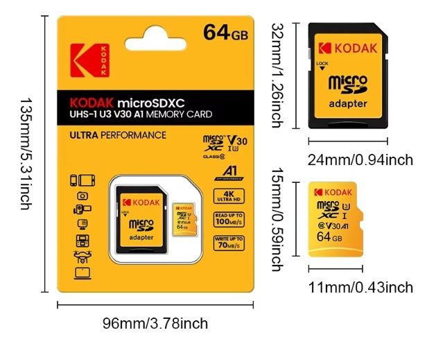 Карта памяти Kodak Micro SD, класс 10, UHS-1 U3 V30 A1 на 64 ГБ, чтение 100 МБ/с, запись данных 90 М