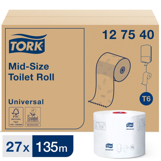 Бумага туалетная для диспенсера Tork Mid-size Т6 Universal 1сл бел135м 27рул 127540