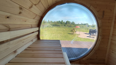 Баня "ОКО"  с большим, круглым, панорамным окном