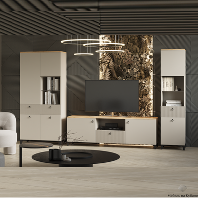 Ника гостиная модульная 2700х2100х410мм мдф бежевый мат-05 / лдсп кашемир + дуб делано