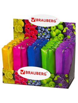 Пенал-косметичка BRAUBERG, под искусственную кожу, ассорти 5 цветов, "Блеск", 20х6х4 см, дисплей, 223896