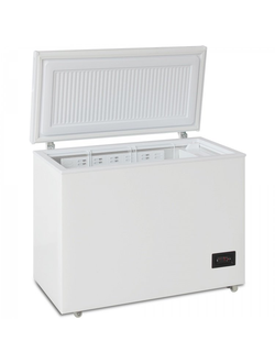 Морозильный ларь с глухой крышкой, терморегулятор на панели, 3 корзины в комплекте.