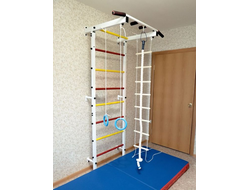 ШВЕДСКАЯ СТЕНКА С НЕСЪЕМНЫМ ТУРНИКОМ + БРУСЬЯ-ПРЕСС + КАНАТ, ДЕТСКИЕ КОЛЬЦА, ЛЕСТНИЦА + МАТ 1м*1м*0,1М