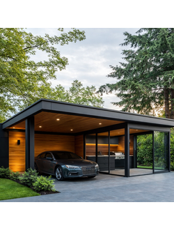 стильный навес под авто с зоной отдыха в современном стиле хай-тек или лофт под ключ в Новосибирске