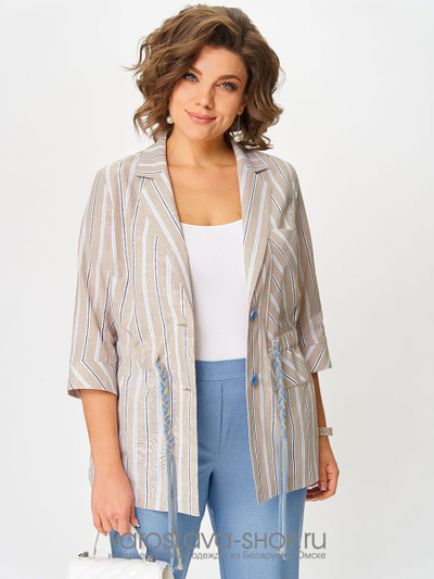 Брючный комплект: бежевая блуза в полоску, голубые брюки (модификация 3)