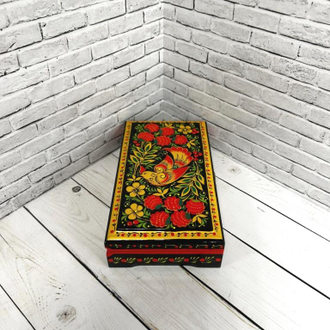 Шкатулка для денег Птица с малиной 180х100 мм деревянная с росписью Хохлома