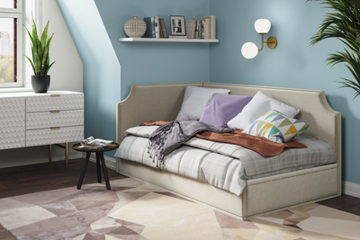 Угловая кровать, тахта, софа, подростковая MyCloud Брайтон, с подъемным механизмом, бельевым ящиком, боковой спинкой, без ножек, с молдингом