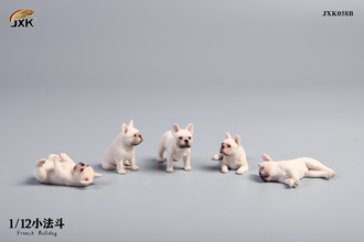 Французские бульдоги, набор из 5 фигурок (белые) - Коллекционная ФИГУРКА 1/12 scale Miniature French bulldog (JXK058B) - JXK