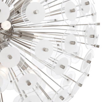 Люстра круглая со стеклянными лепестками на металлических стержнях.