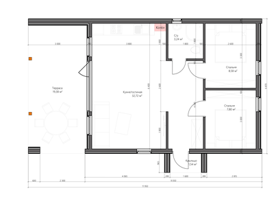 Одноэтажный каркасный дом с двумя спальнями (SK91)