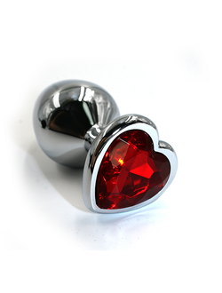 Серебряная анальная пробка с ярко-красным кристаллом в форме сердца (Large)